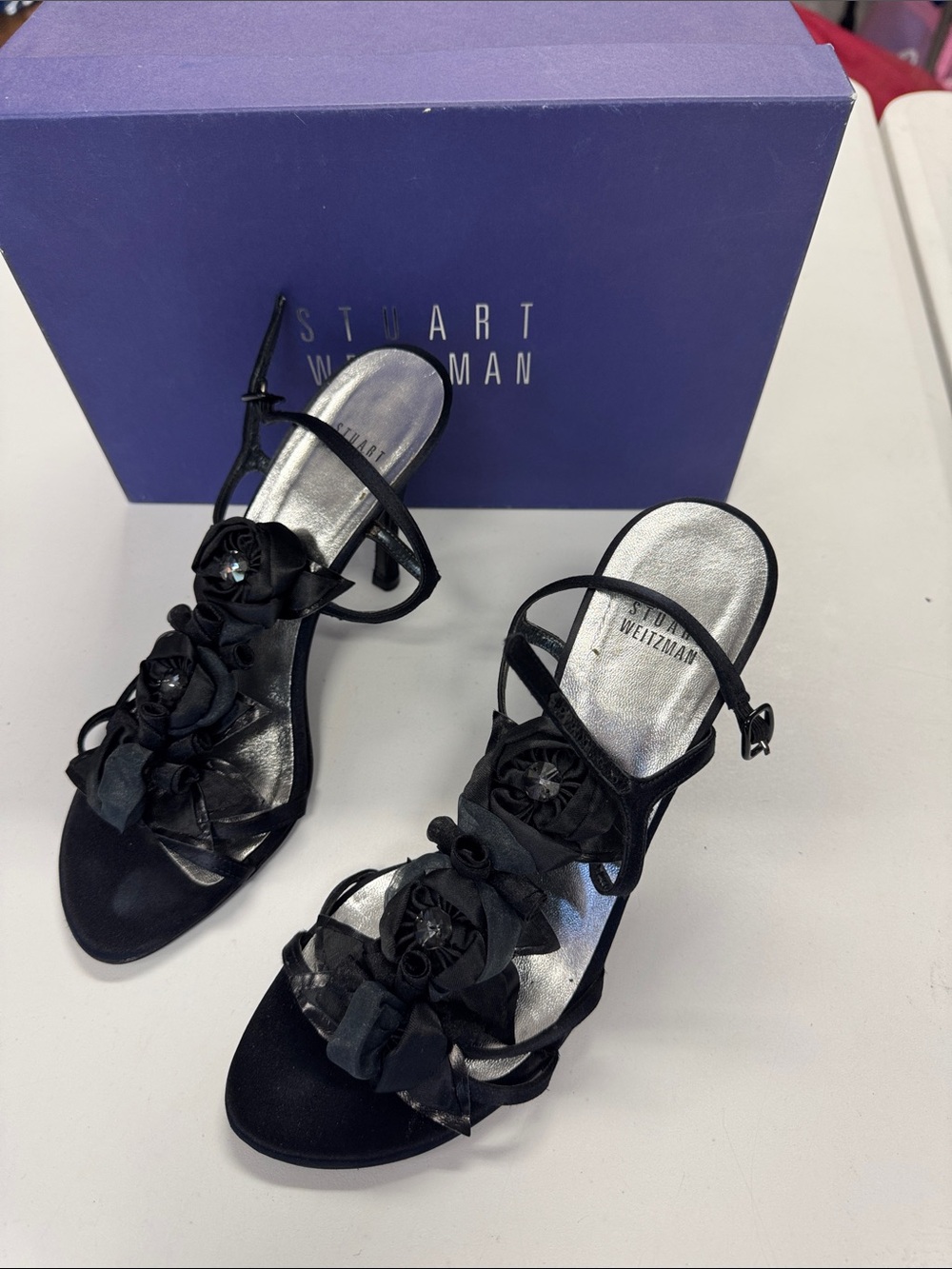 Stuart Weitzman Black Floral Appliqué Strappy Heels
